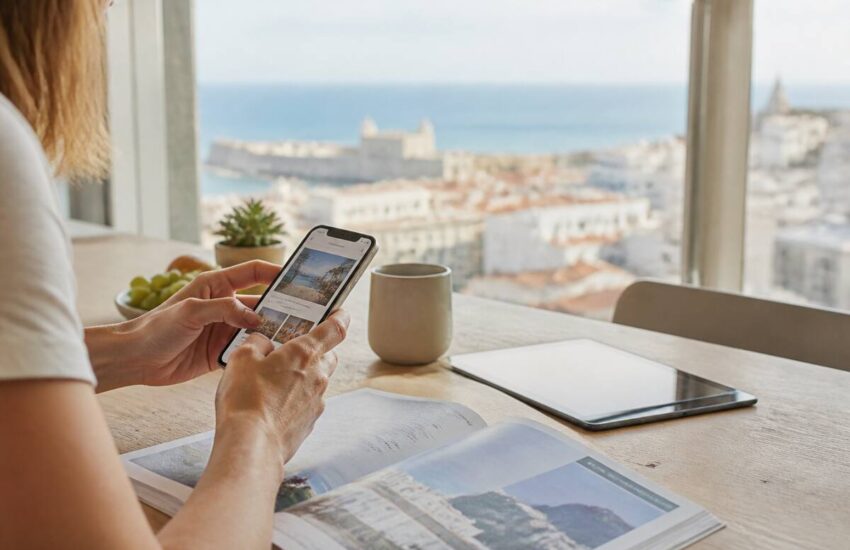 Reizen en vakanties vergelijken: iemand met smartphone en reisgids aan tafel