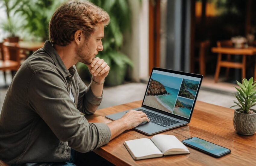 Reiziger vergelijkt vakanties op een laptop in een café, met reisnotitieboek en telefoon op de achtergrond