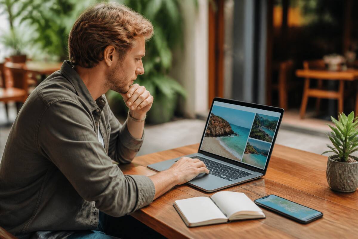 Reiziger vergelijkt vakanties op een laptop in een café, met reisnotitieboek en telefoon op de achtergrond