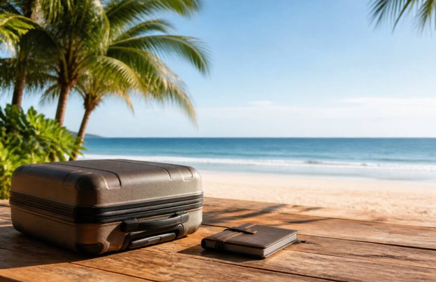 Vakantie voorbereiden met reisplanner en koffer bij het strand