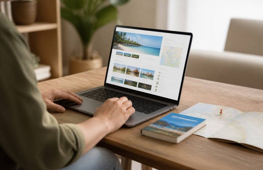 Iemand vergelijkt reizen en vakanties op een laptop met reisgids en kaart op tafel