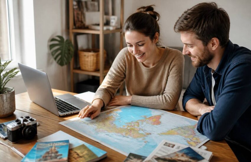 Stel dat met laptop en reisplanner vakanties vergelijkt