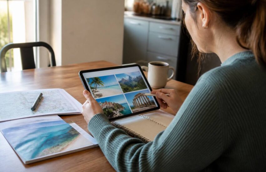 Iemand die vakanties vergelijkt met een tablet en notitieboekje aan de keukentafel